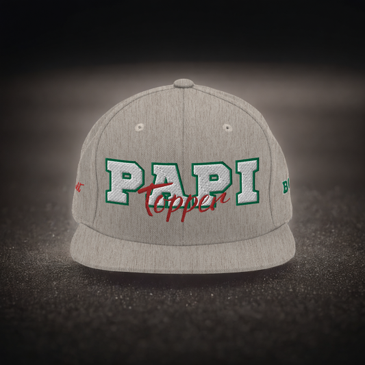 Gorra snapback de perfil alto Papi Topper en jaspeado con detalles en rojo, blanco y verde