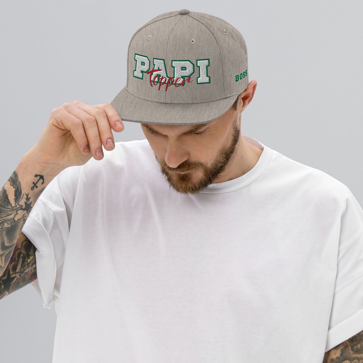 Gorra snapback de perfil alto Papi Topper en jaspeado con detalles en rojo, blanco y verde