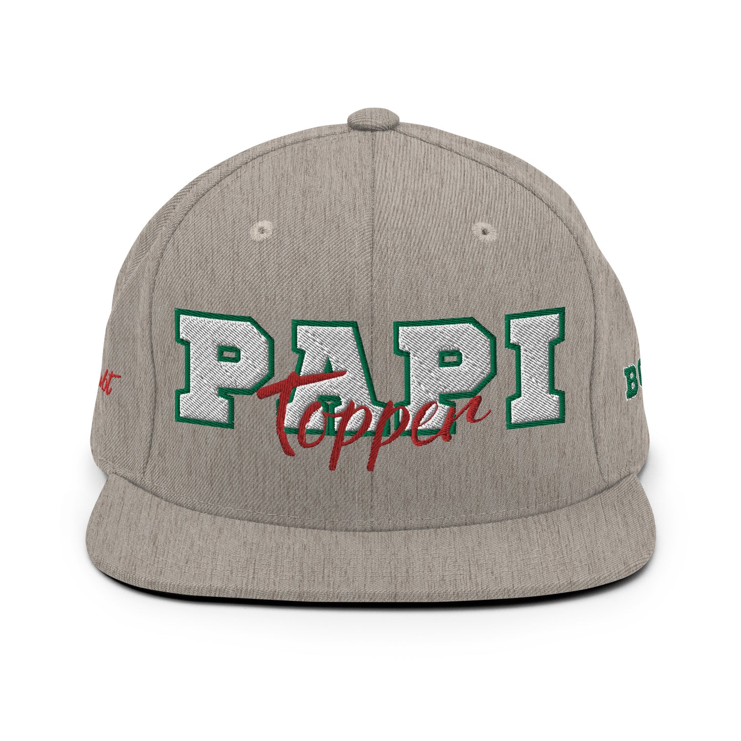 Gorra snapback de perfil alto Papi Topper en jaspeado con detalles en rojo, blanco y verde