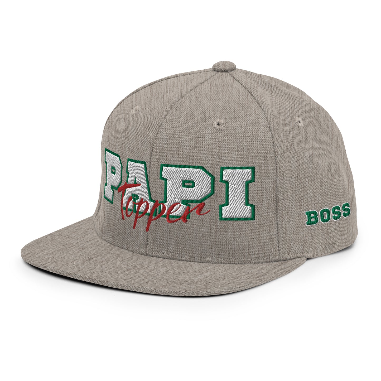 Gorra snapback de perfil alto Papi Topper en jaspeado con detalles en rojo, blanco y verde