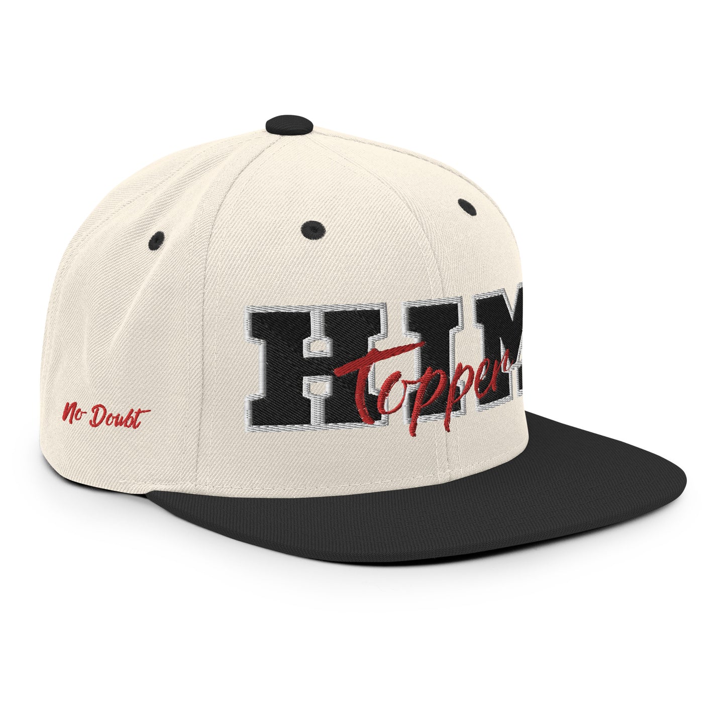 YO SOY ÉL Topper Snapback | Detalle negro, rojo y blanco.